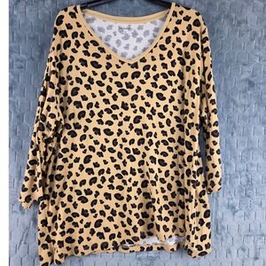 Kim Rogers Curvy Womens 2X Leopard Print V-Neck 3/4 Sleeve Cotton Knit Top Tan